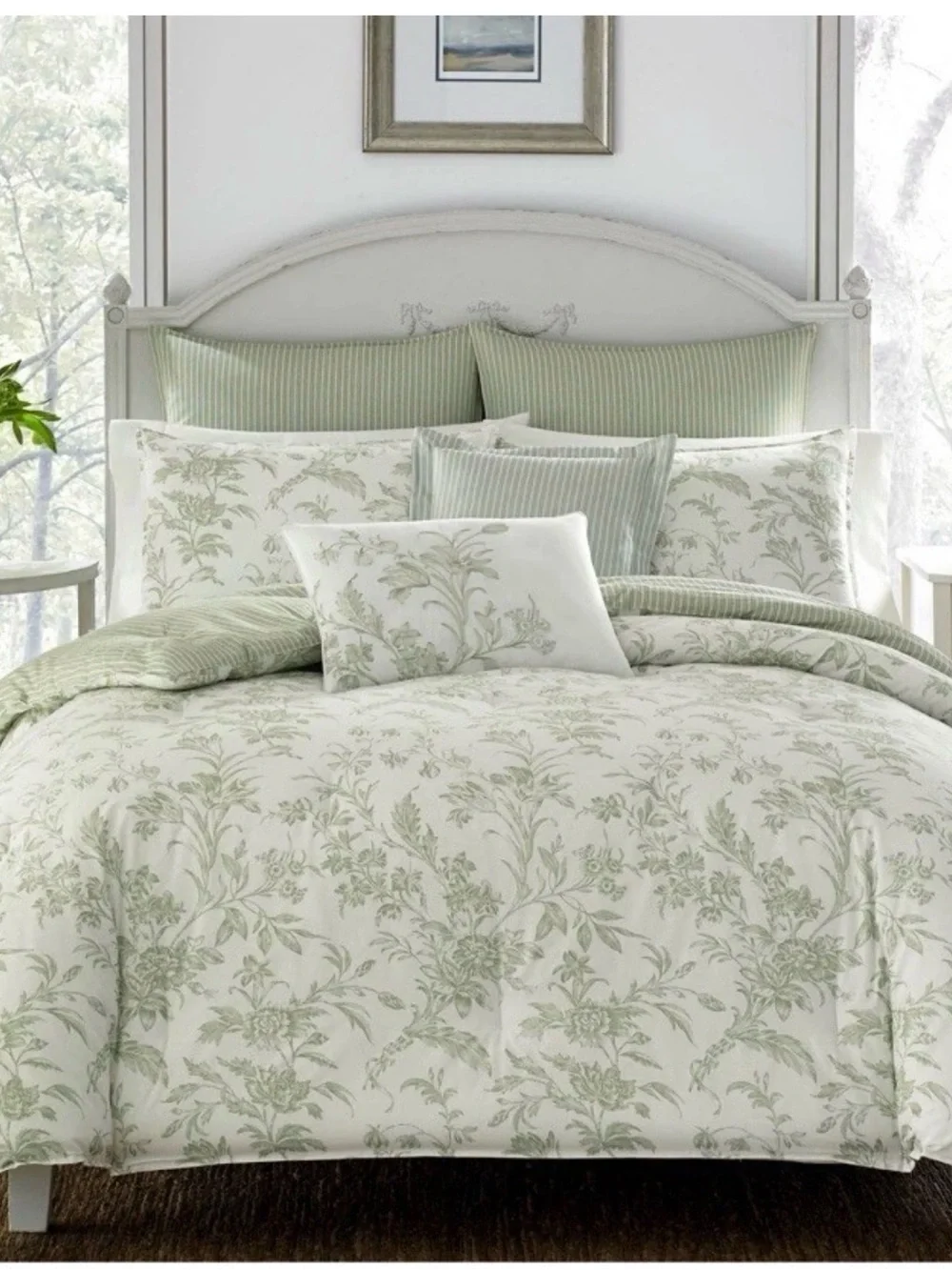 Laura Ashley Sage Floral Duvet Cover with Striped Reverse